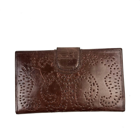 Elf Brand Leather Wallet Brown Marrakech Clutch Organizer Large Perforate Bifold - Picture 8 of 10